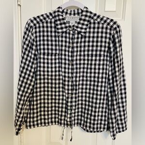Talbots Navy and White Gingham 100% Linen Blouse Size 8 Button Down Tie Waist